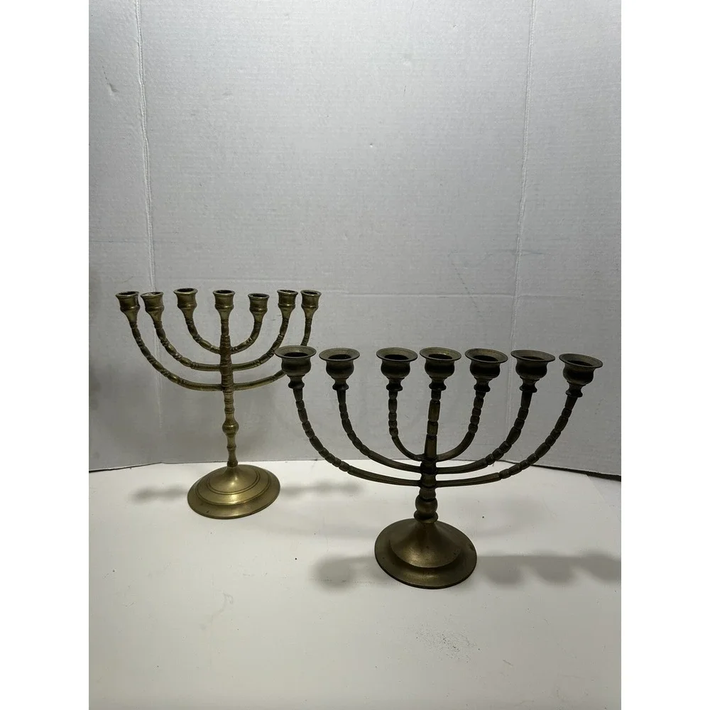 Vintage Brass 7‎ Branch Menorah Pair Traditional Jewish Candelabra Judaica Gold
